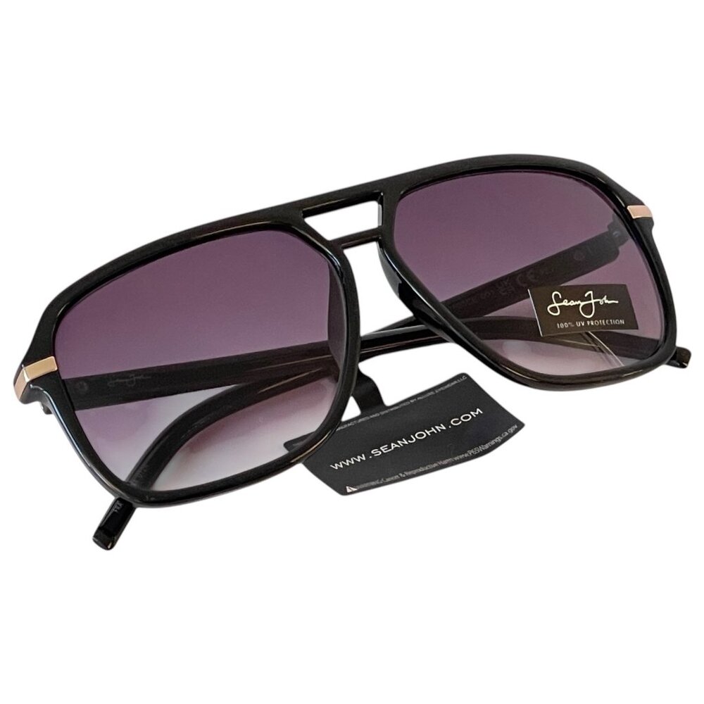 New Sean John Gloss Black & Gold Pilot Sunglasses with Dark Gradient Tint Lenses